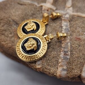 Classic Versace Gold Greek Key Black Enamel Medusa Stud Earrings